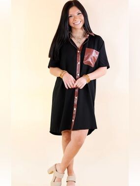 entro Black Shirt Dress with Brown Faux-Leather Trim